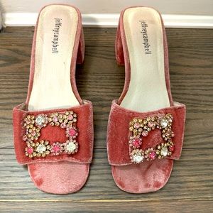 Jeffrey Campbell pink velvet mules
